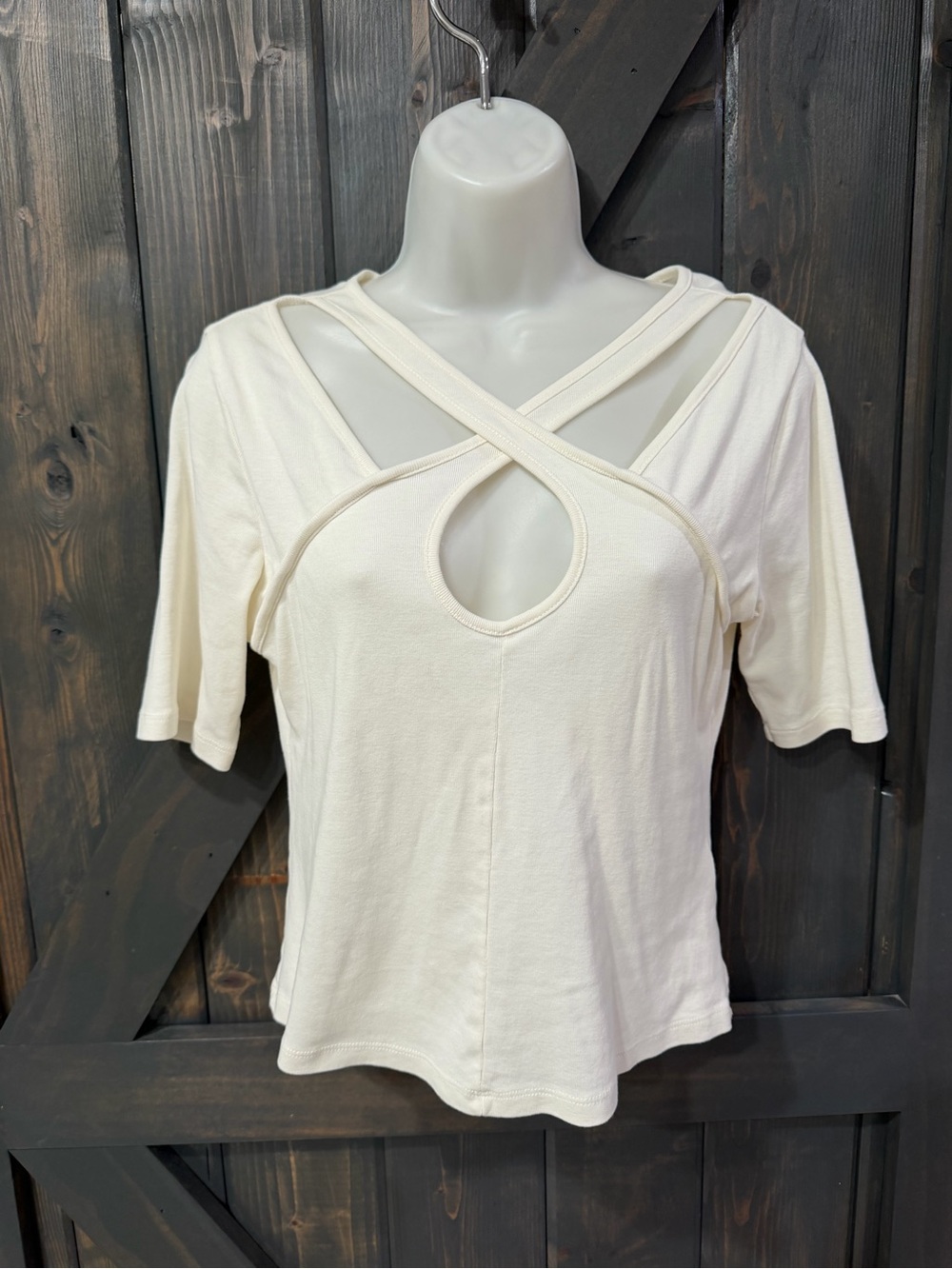 Maeve by Anthropologie Crisscross Keyhole Short Sleeve Top - Cream Small